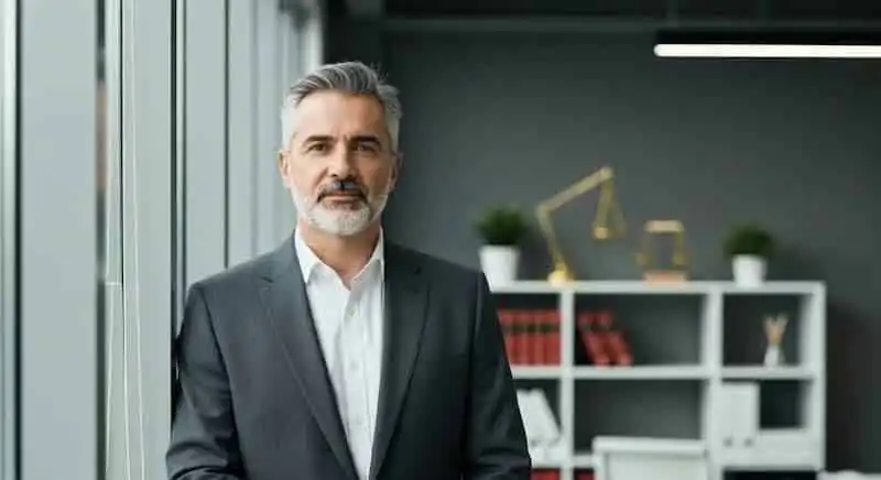 A mature man in a suit standing in a contemporary office with stylish decor and bookshelves.