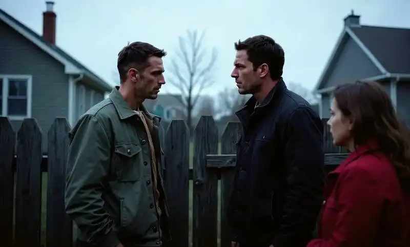 Three people having a serious conversation outdoors, representing drama and relationship tension.