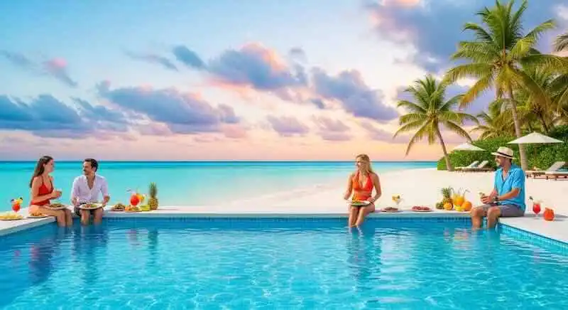 A group of friends enjoying drinks and conversation by a stunning infinity pool at sunset in a tropical paradise.