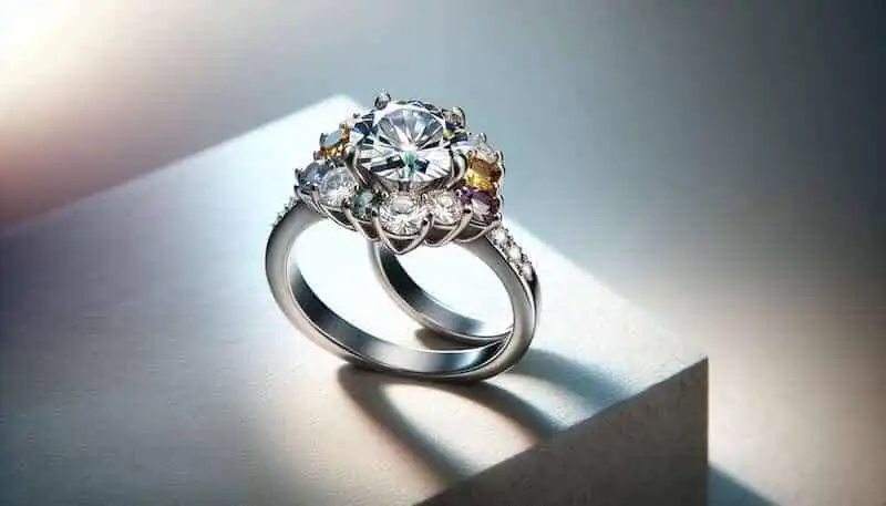 Luxurious diamond ring with colorful gemstones, perfect for elegant jewelry and bridal collection.