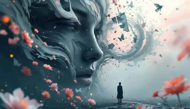A surreal digital artwork of a woman's face blending with a fantasy scene, flowers, and butterflies creating an enchanting atmosphere.