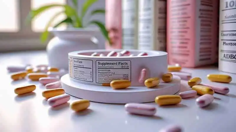 Close-up of pills and supplement bottle with labeled supplement facts, on a clean surface.