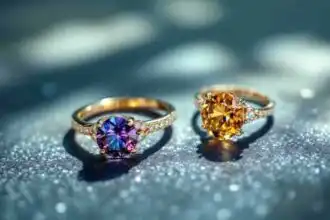 Shiny gold rings with colorful gemstones placed on glittery dark background.