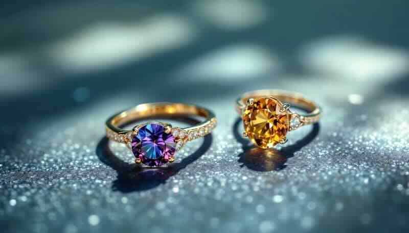 Shiny gold rings with colorful gemstones placed on glittery dark background.