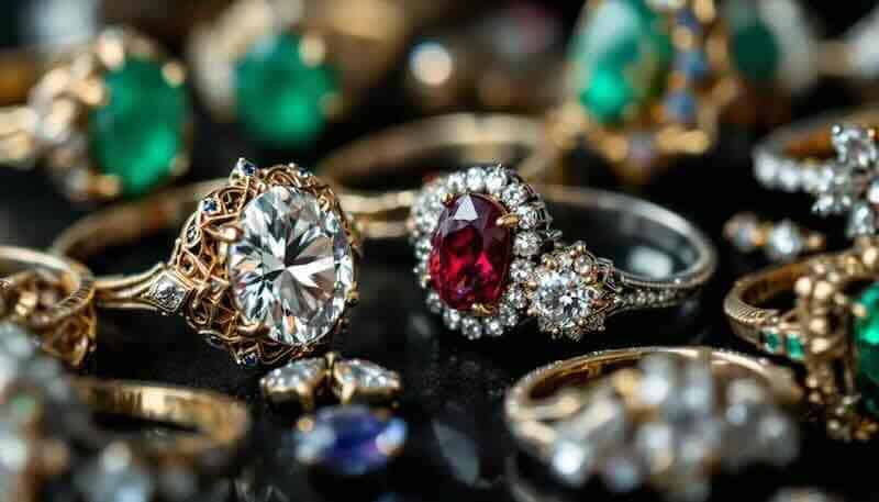 Luxurious gemstone and diamond rings, elegant gold and silver jewelry pieces.