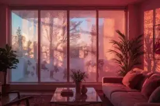 Bright living room scene with sunset glow, indoor plants, and comfortable sofa.