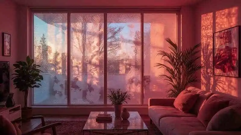 Bright living room scene with sunset glow, indoor plants, and comfortable sofa.
