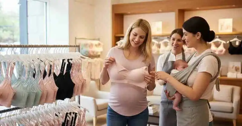 Friendly women shopping for maternity bras in a cozy store.