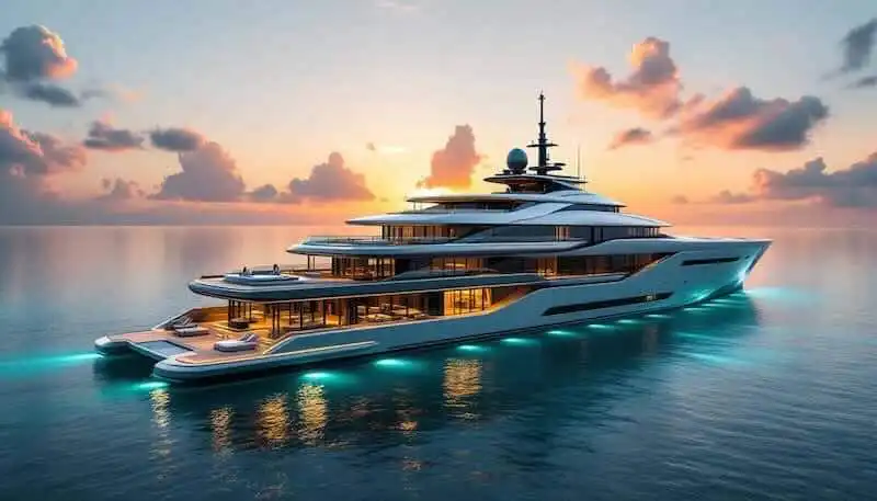 Stunning luxury yacht sailing at sunset on open water for a lavish lifestyle image.
