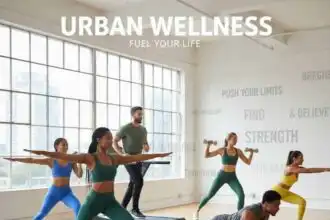 Bright group fitness class with diverse participants doing strength and cardio exercises in a spacious gym.