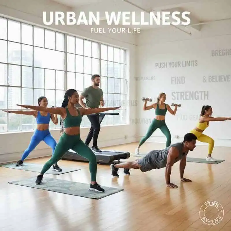 Bright group fitness class with diverse participants doing strength and cardio exercises in a spacious gym.