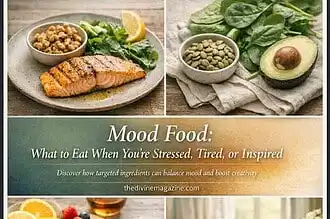 Healthy mood-boosting foods including salmon, spinach, avocado, berries, and chocolate for stress an.