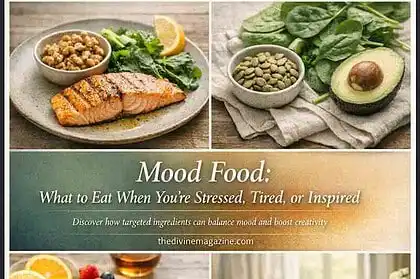 Healthy mood-boosting foods including salmon, spinach, avocado, berries, and chocolate for stress an.