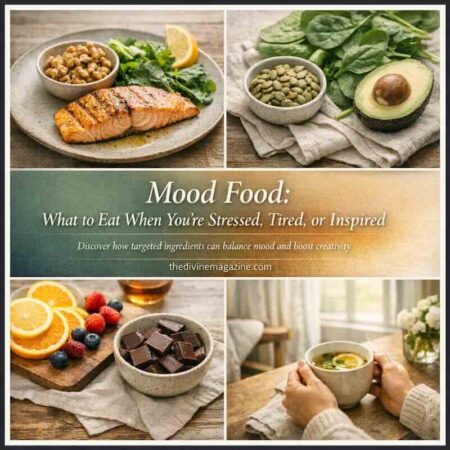 Mood Food: What to Eat When You’re Stressed, Tired, or Inspired” Healthy mood-boosting foods including salmon, spinach, avocado, berries, and chocolate for stress an.