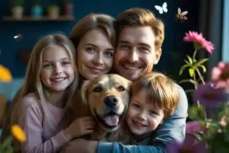 Happy family with children and dog, smiling in home surrounded by flowers and warm light.