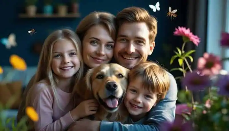 Happy family with children and dog, smiling in home surrounded by flowers and warm light.