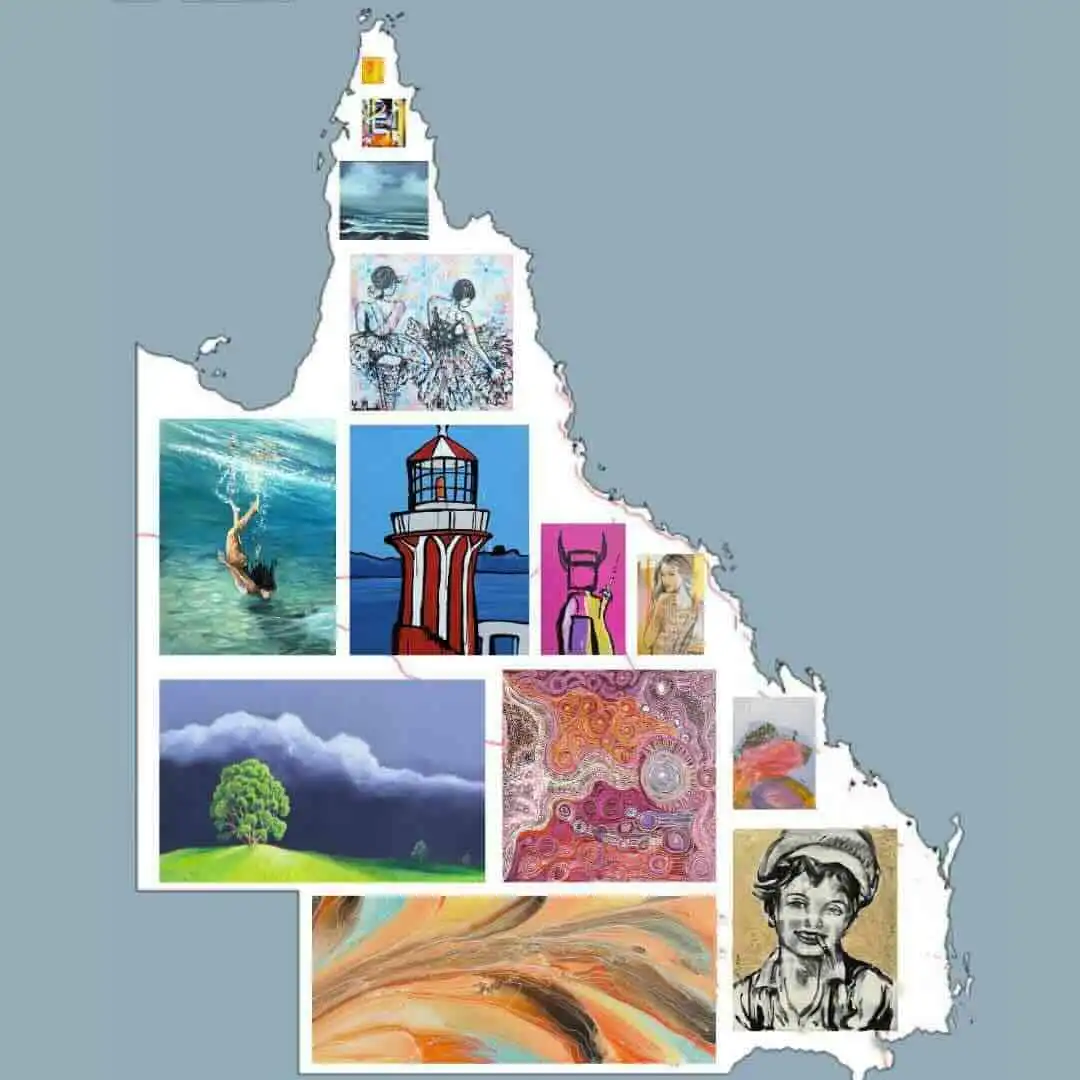 Colorful coastal artwork of Hawaii, featuring ocean scenes, lighthouses, and vibrant abstract paintings.