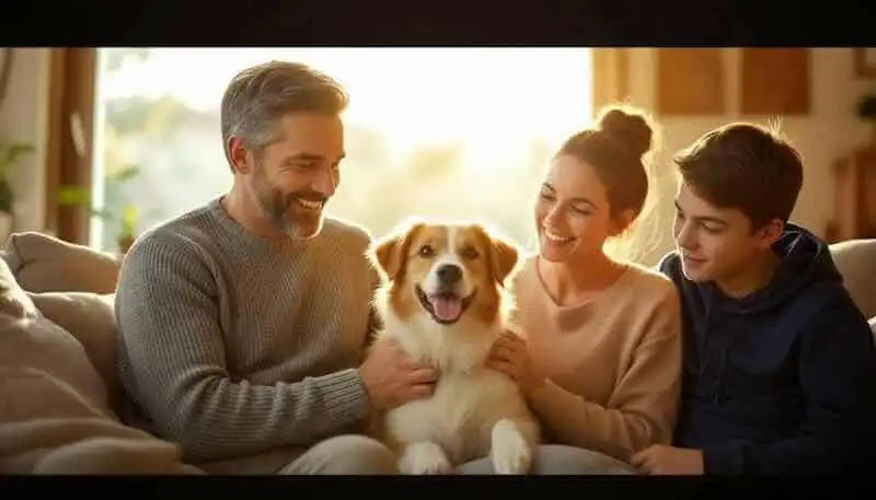 Happy family with dog, cozy home, bonding moments.