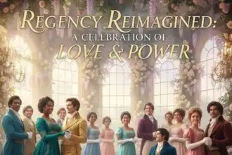 Diverse cast characters celebrating in elegant ballroom for Regency Reimagined event.