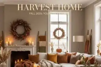 Warm fall home decor with pumpkins, candles, and cozy accents for autumn.
