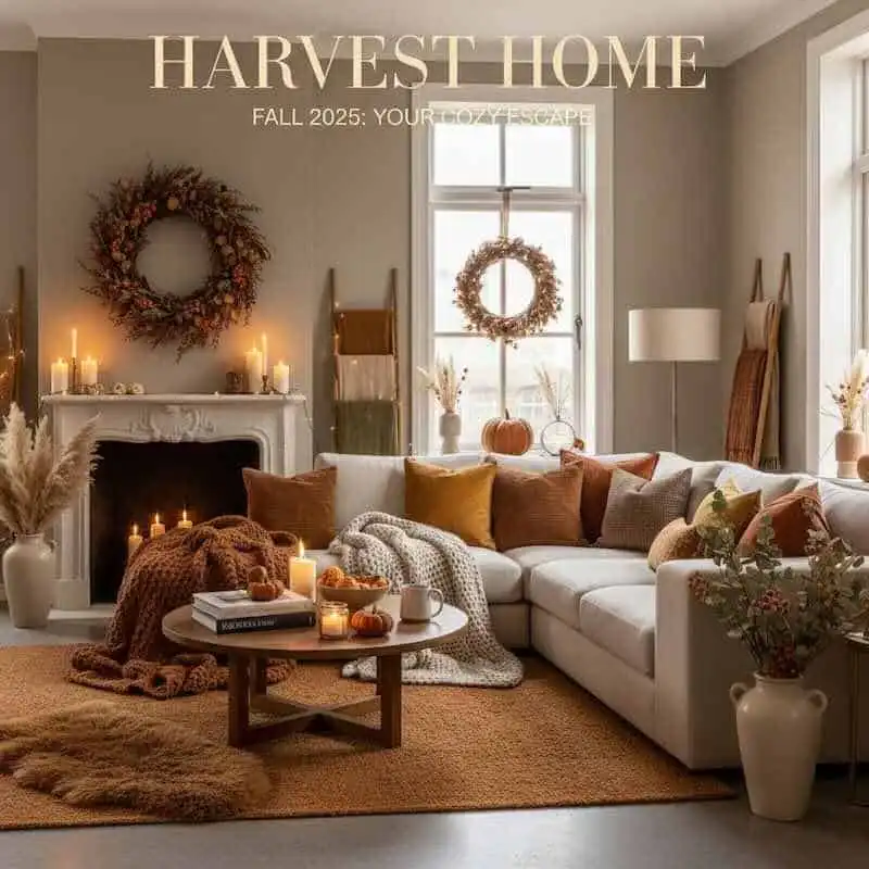 Warm fall home decor with pumpkins, candles, and cozy accents for autumn.