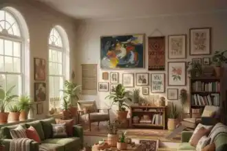 Bright, cozy boho living room with green sofas, abundant plants, and eclectic wall art.