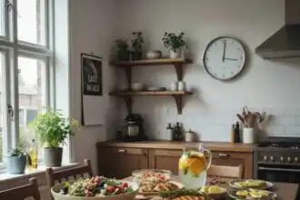 A cozy kitchen with a wooden table laden with salads, grilled dishes, and refreshing drinks for a family meal.