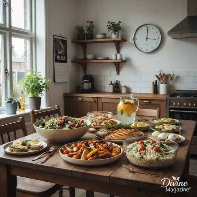 A cozy kitchen with a wooden table laden with salads, grilled dishes, and refreshing drinks for a family meal.