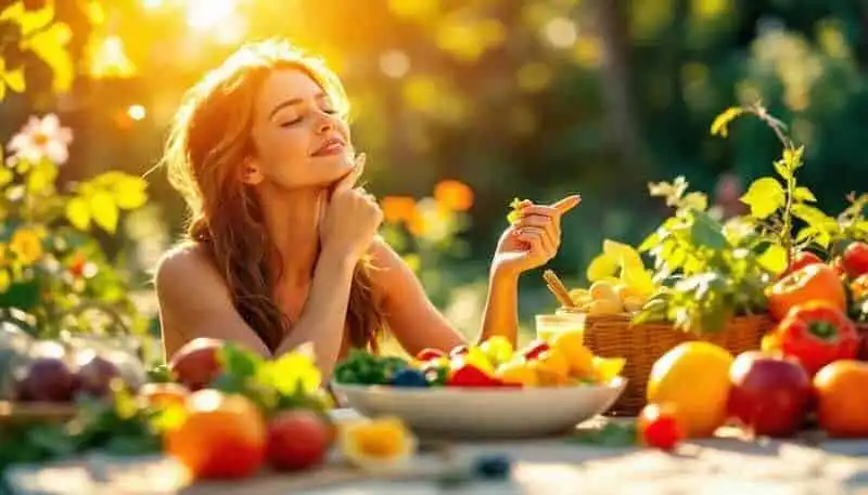 Beautiful woman in orchard surrounded by fresh fruits.