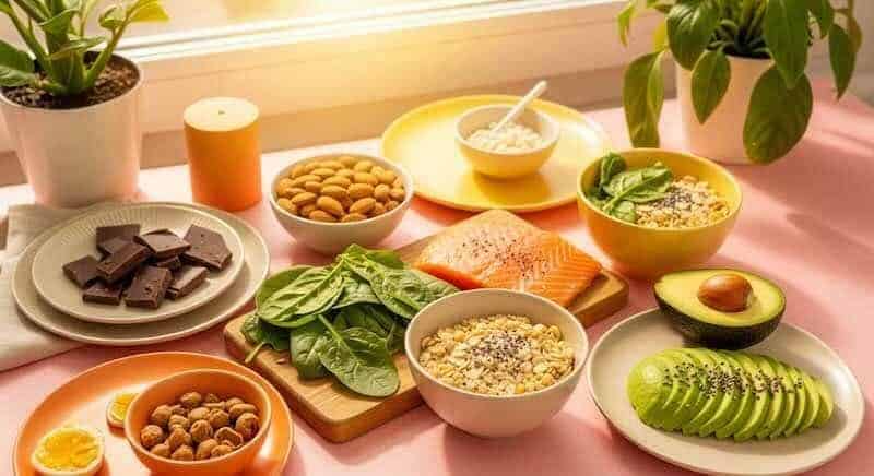 Colorful healthy breakfast with fruits, vegetables, nuts, and oatmeal for a nutritious start.