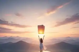 A woman holding a sky lantern on a hilltop during sunset with mountains and water in the background.