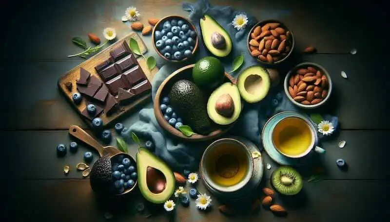 Colorful superfoods like blueberries, avocado, almonds, and kiwi for optimal health.
