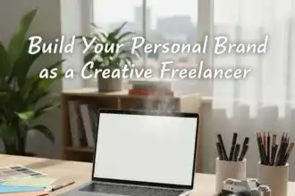 Creative freelancer workspace with laptop, sketches, camera, and art supplies for branding tips.