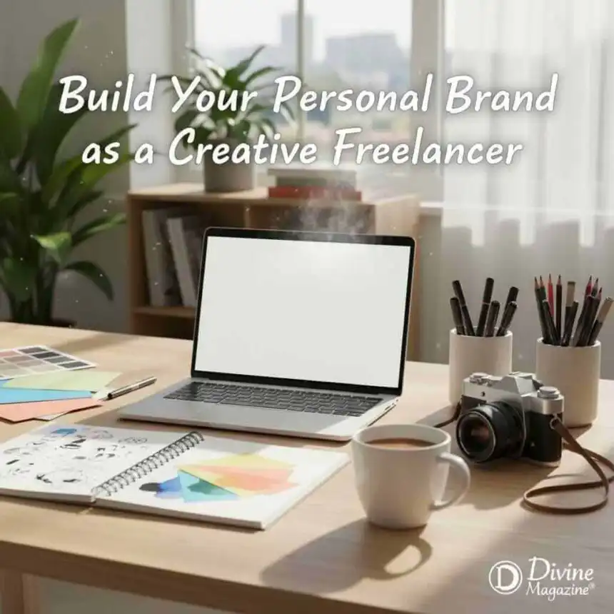 Creative freelancer workspace with laptop, sketches, camera, and art supplies for branding tips.