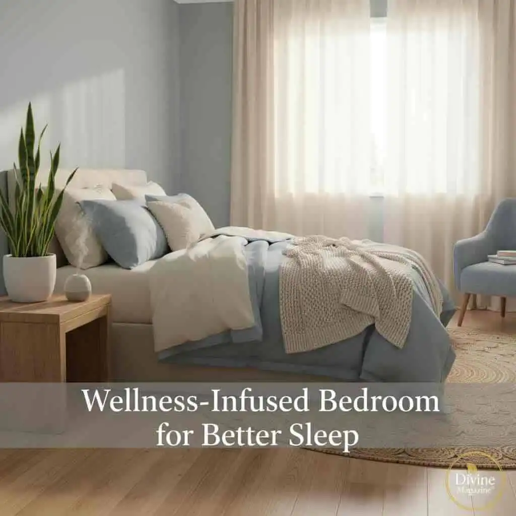 Wellness-inspired bedroom featuring calming decor and natural light for improved sleep quality.