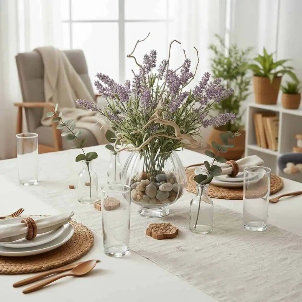 Beautiful lavender centerpiece on a cozy dining table with natural decor and sunlight.