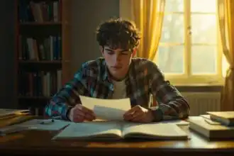 Young man reading papers at desk with books, warm sunlight, library background, focused scholarly atmosphere.