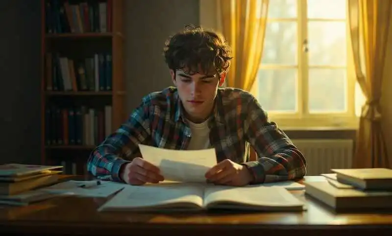 Young man reading papers at desk with books, warm sunlight, library background, focused scholarly atmosphere.