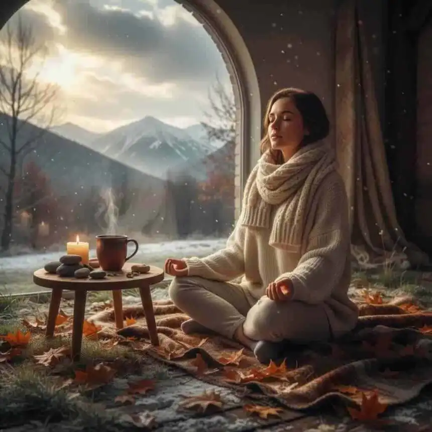Woman meditating by window with mountain view, cozy autumn scene.