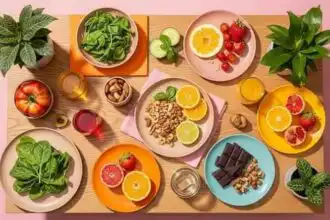 Healthy fresh fruit and vegetable snacks with nuts and chocolate on colorful plates.