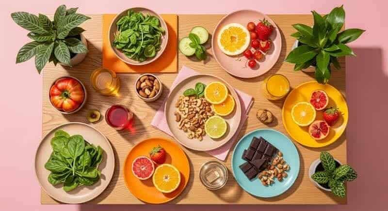 Healthy fresh fruit and vegetable snacks with nuts and chocolate on colorful plates.