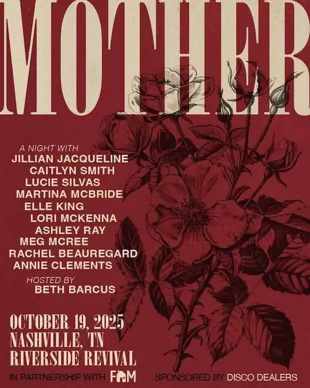 A promotional poster for Mother's Night event featuring guest speakers and performers in Nashville, TN, on October 19, 2025.