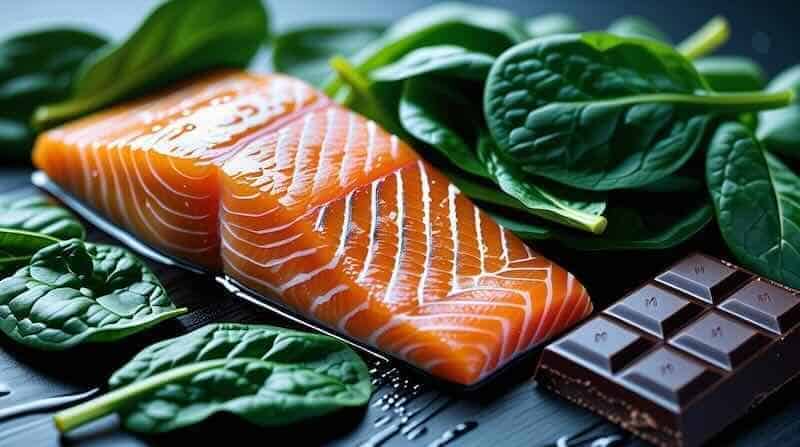 Fresh salmon fillet surrounded by vibrant spinach leaves and dark chocolate, emphasizing nutritious and indulgent eating.