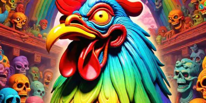 Colorful rainbow-themed rooster with skulls in a festive Mexican celebration scene.