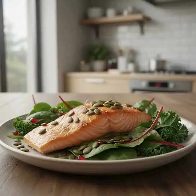 Healthy salmon dish with mixed greens and pumpkin seeds, served on a modern kitchen countertop.
