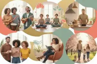 Diverse community engaging in wellness, reading, and outdoor activities for positive lifestyle, health, and connection.