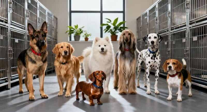 Dogs inside a pet shelter with kennels, showing diverse breeds and sizes for animal rescue or adoption.