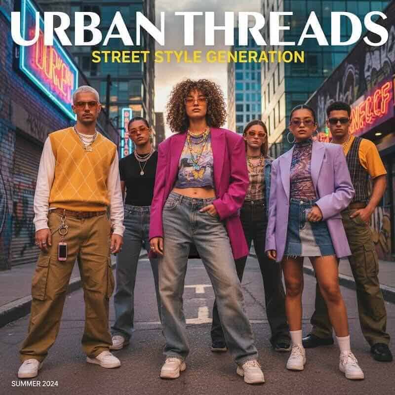 Vibrant group of diverse young adults in colorful streetwear in urban city scene.