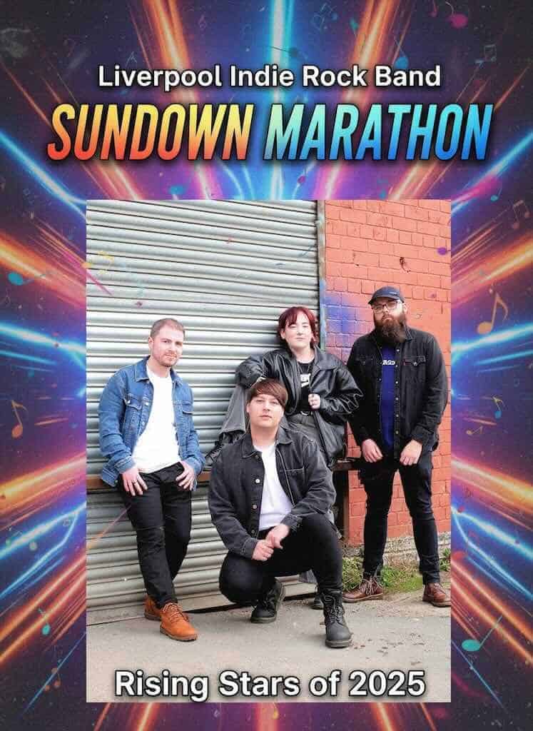 Alt text: A band of four young adults posing outdoors in casual attire against a metal and brick wall.