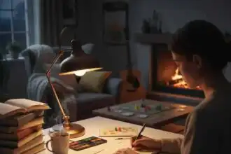 Relaxing night in with reading, puzzles, and a crackling fireplace for cozy comfort.